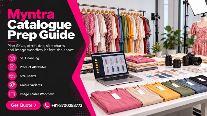 Myntra Catalogue Prep planning scene inside an Indian standard ecommerce photography studio showing