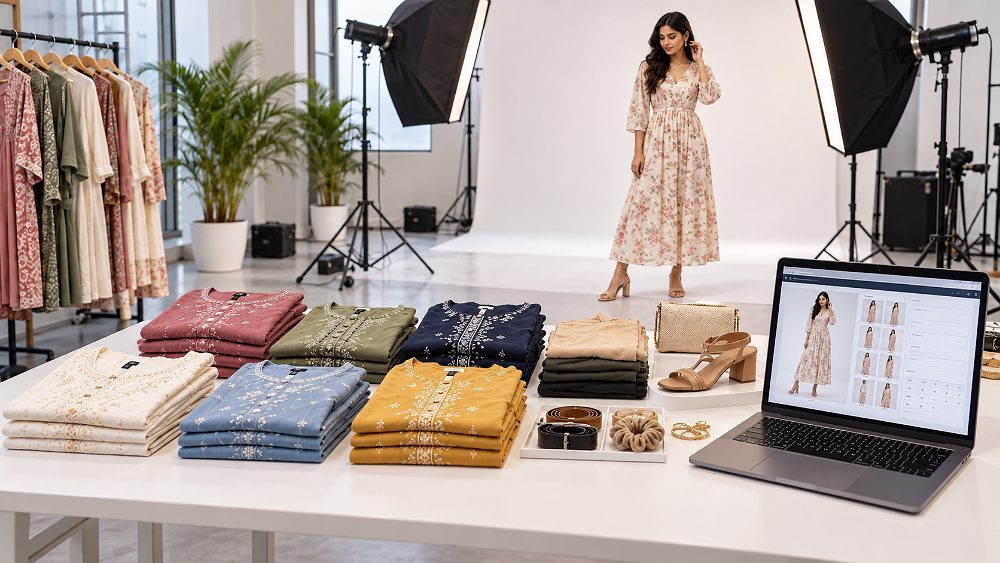 Behind the scenes of myntra Catalogue Prep planning scene inside an Indian standard ecommerce photography studio showing
