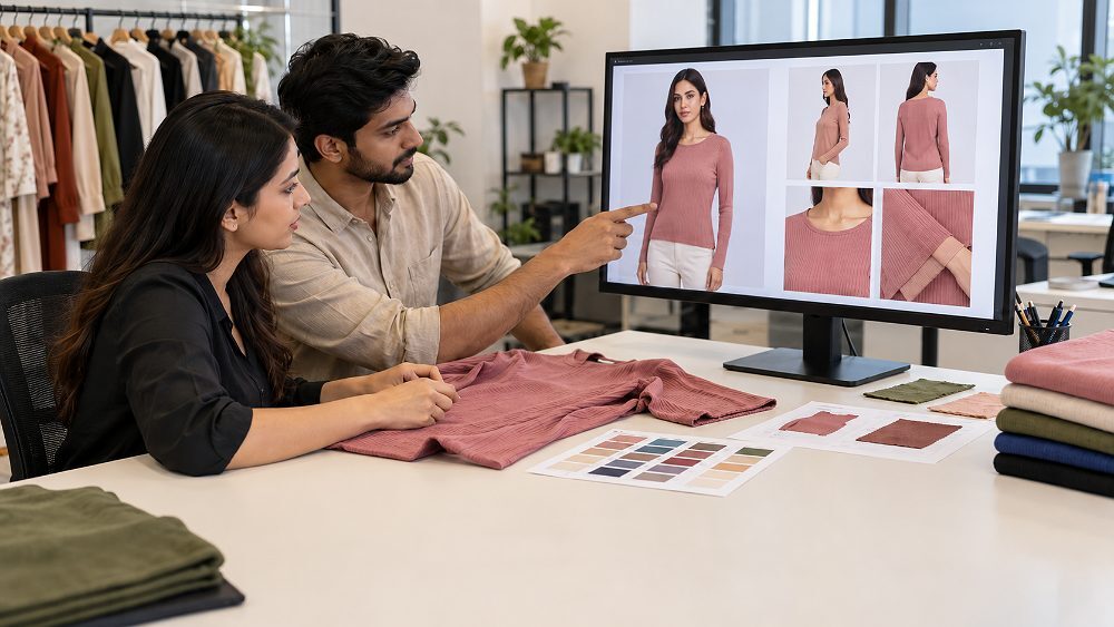 Behind the scenes of myntra catalogue QC review desk inside an Indian standard ecommerce photography studio showing