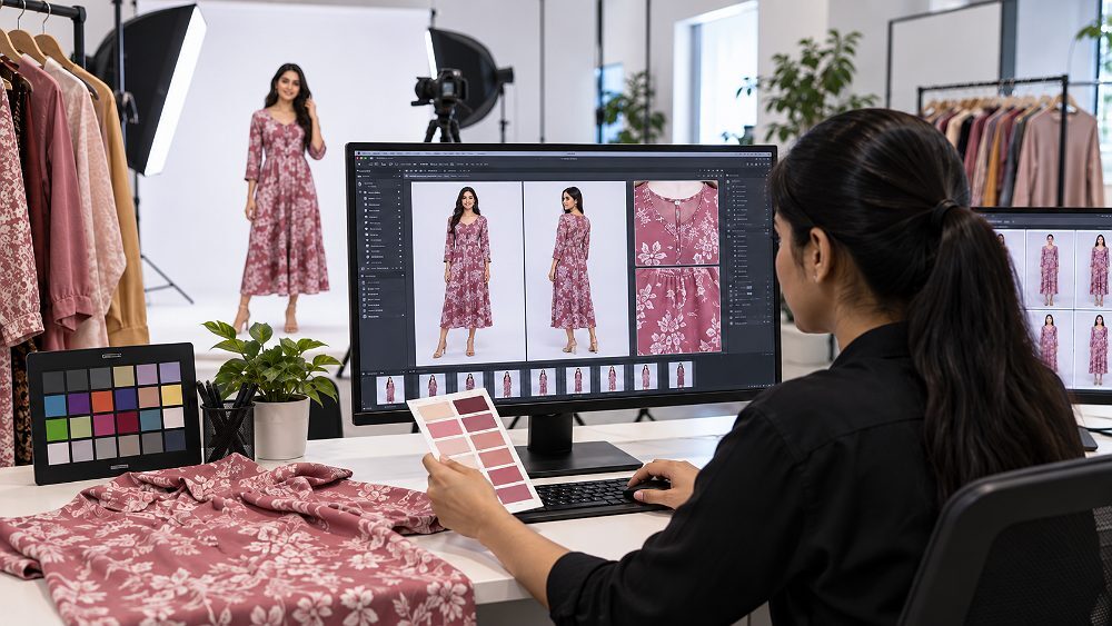 Behind the scenes of myntra catalogue QC review workstation at an Indian standard ecommerce photography studio showing