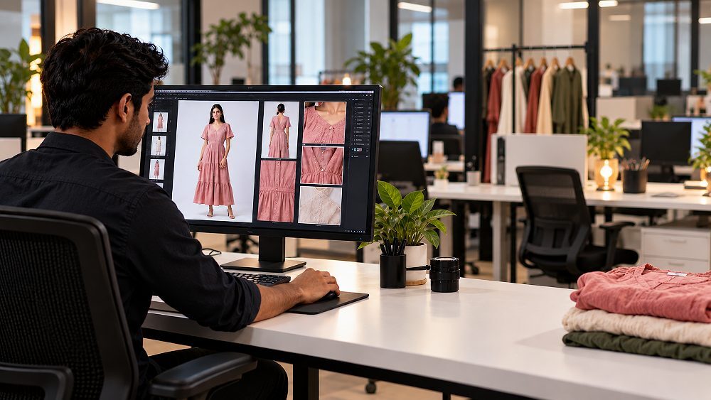 Behind the scenes of myntra catalogue quality-control review in an Indian standard ecommerce photography studio showing a