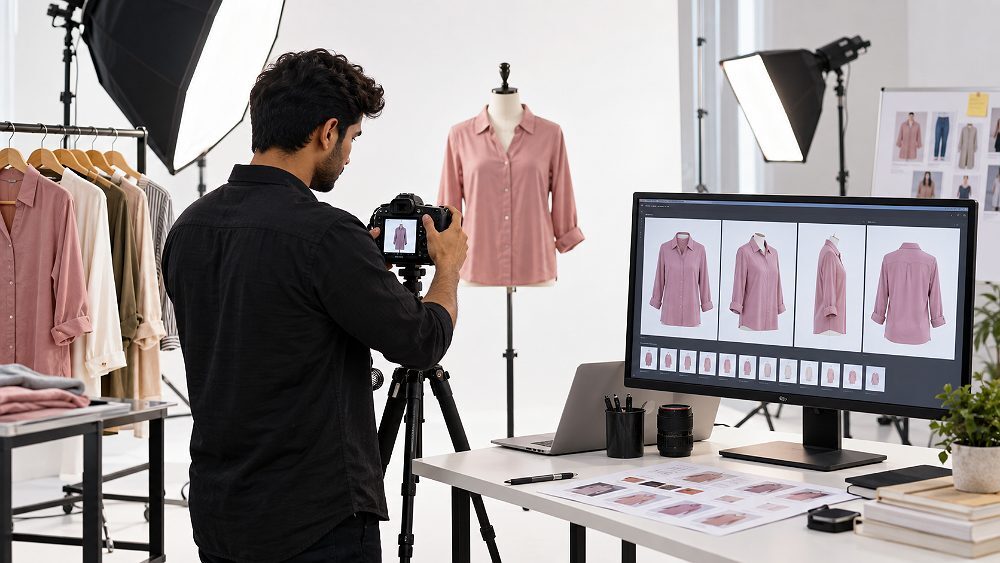 Behind the scenes of myntra catalogue shot-list review inside an Indian standard ecommerce photography studio showing a
