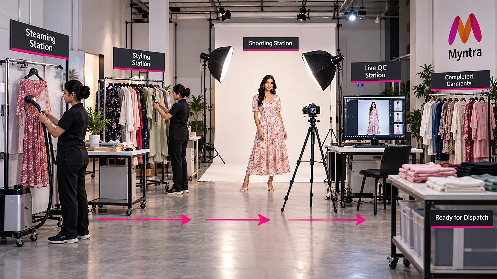 Behind the scenes of station based high volume catalogue production line at an Indian standard ecommerce photography