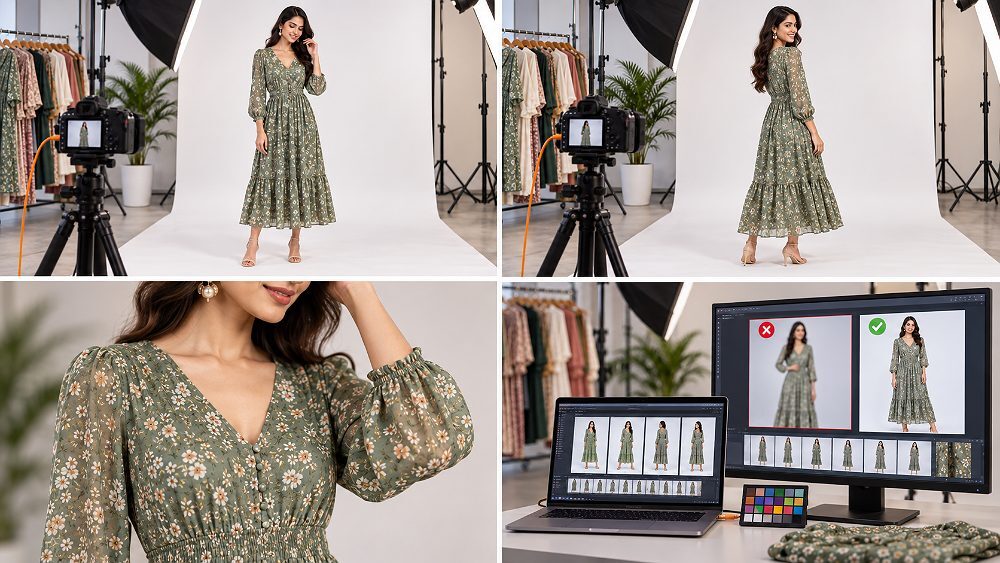 Behind the scenes of category-specific Myntra catalogue photography scene in an Indian standard ecommerce photography