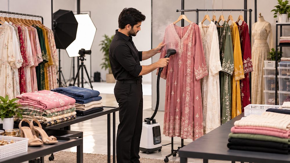 Behind the scenes of myntra catalogue photoshoot workflow scene showing garments organised beside a professional steamer