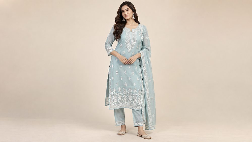 Behind the scenes of myntra kurti photoshoot reference showing a woman in a detailed chikankari kurti presented for an