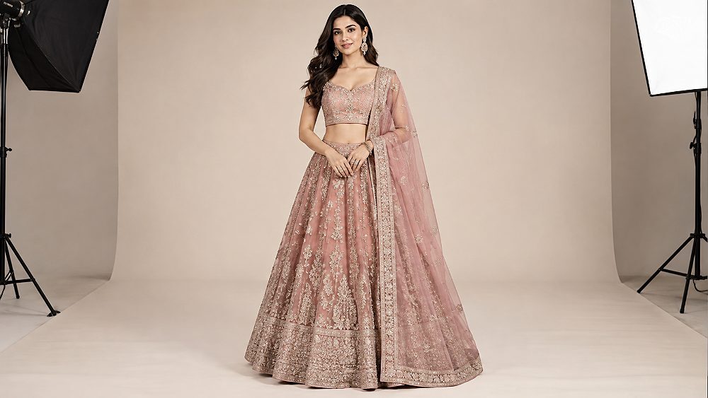 Behind the scenes of myntra lehenga photoshoot reference featuring a model in an embroidered lehenga inside an Indian