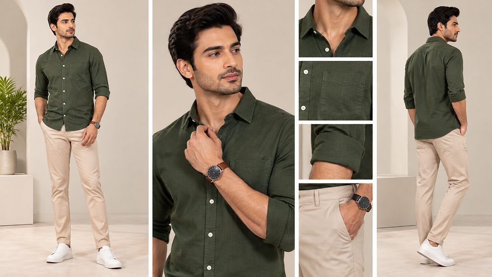 Behind the scenes of myntra menswear photoshoot reference showing a male fashion model in structured clothing inside an