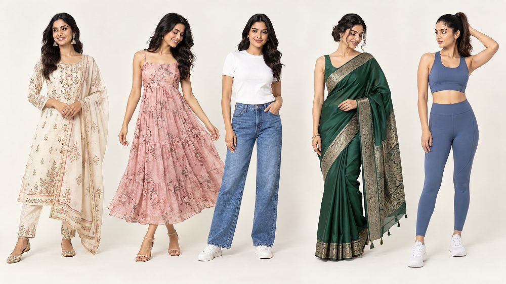 Behind the scenes of photorealistic Indian ecommerce fashion catalogue lineup showing five category-specific model looks