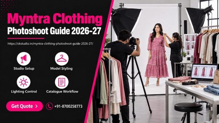 Myntra Clothing Photoshoot planning scene inside an Indian standard ecommerce photography studio with