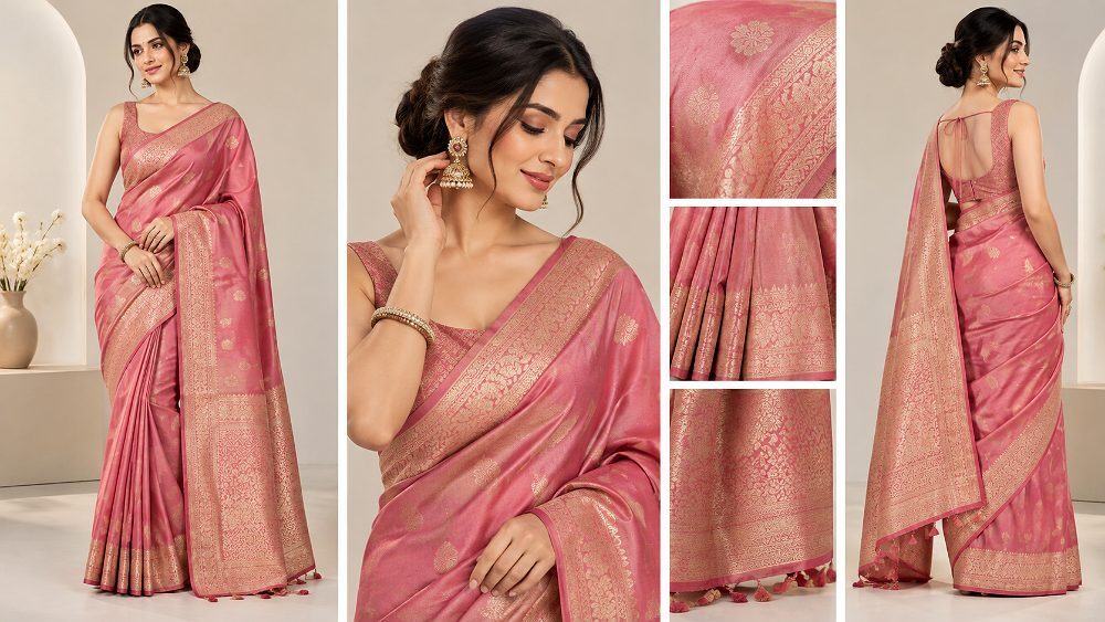 Behind the scenes of myntra saree photoshoot reference showing a fashion model in a richly textured saree for an Indian