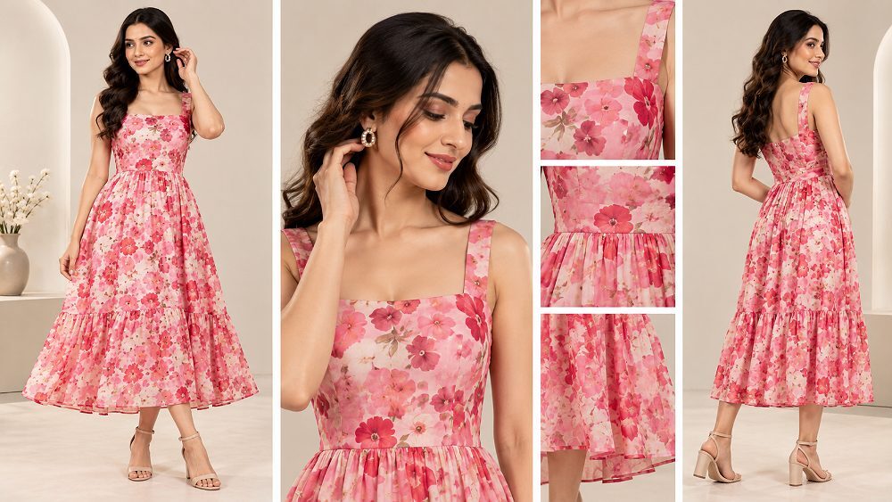 Behind the scenes of myntra western wear photoshoot reference showing a model in a modern dress for an Indian standard