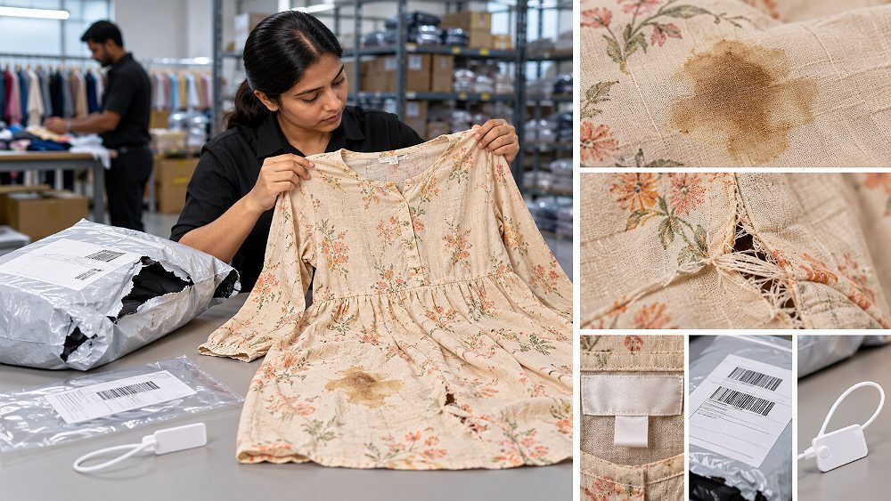 Behind the scenes of detailed Myntra damaged return evidence scene in an Indian standard ecommerce photography studio,