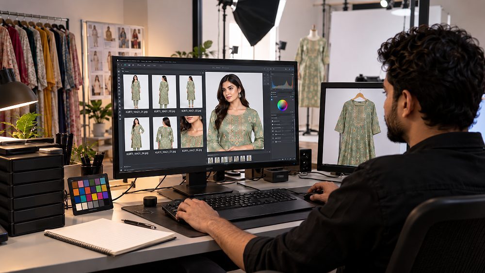Behind the scenes of post-production and delivery workstation inside an Indian standard ecommerce photography studio