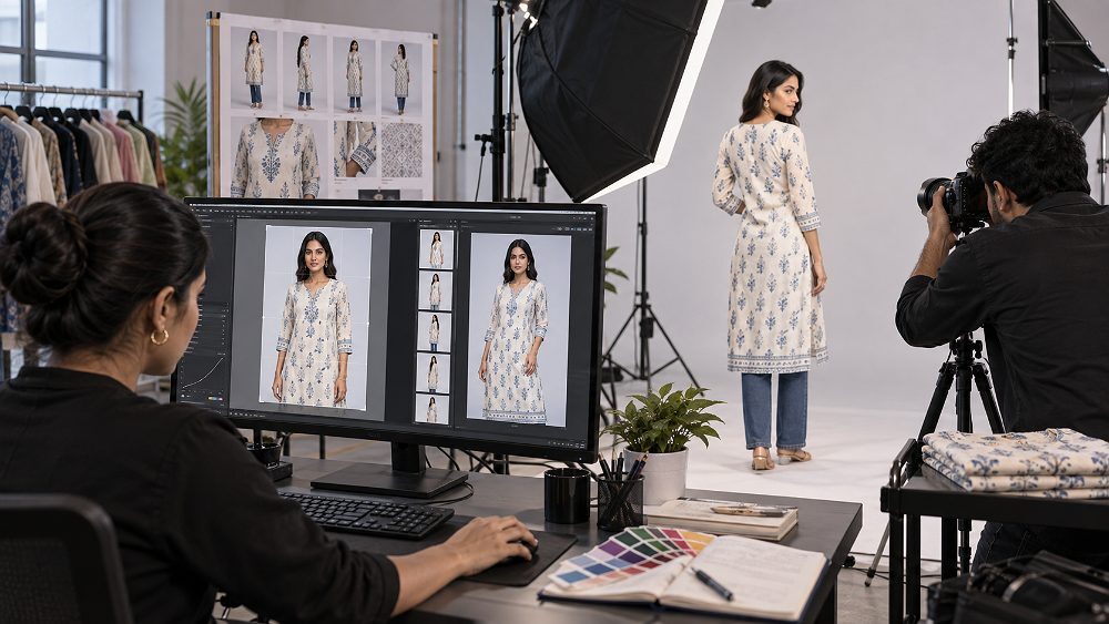 Behind the scenes of edit-versus-reshoot decision scene in an Indian standard ecommerce photography studio showing one