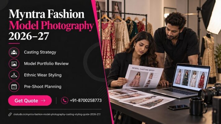 Fashion creative director reviewing a printed casting brief and model portfolio inside an Indian standard