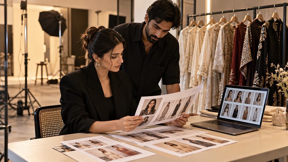 Behind the scenes of fashion creative director reviewing a printed casting brief and model portfolio inside an Indian