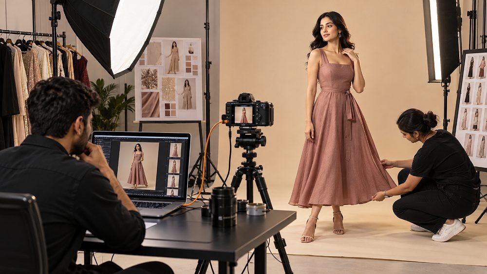 Behind the scenes of tethered fashion catalogue shoot in progress inside an Indian standard ecommerce photography studio