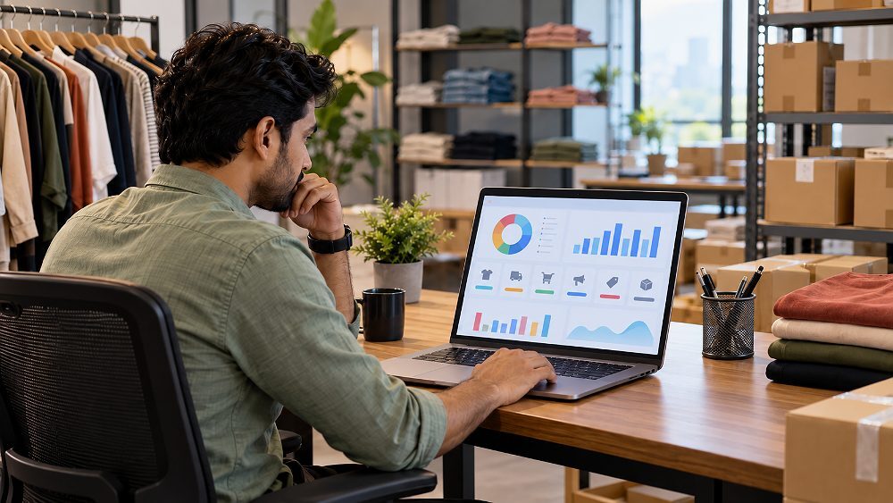 Behind the scenes of detailed Myntra marketplace fee-stack visual inside an Indian standard ecommerce photography studio,