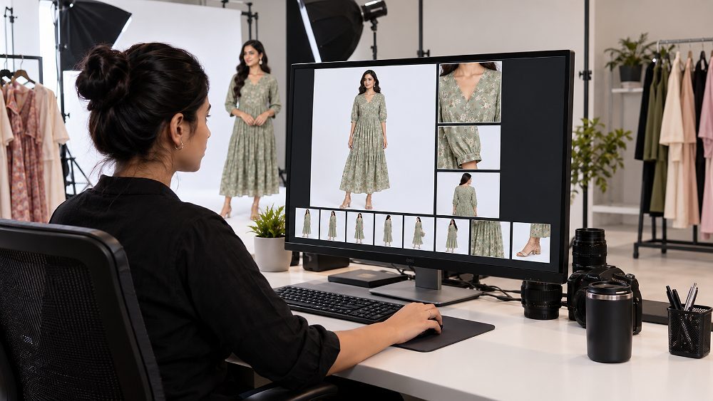 Behind the scenes of final pre-upload QC scene in an Indian standard ecommerce photography studio showing a catalogue