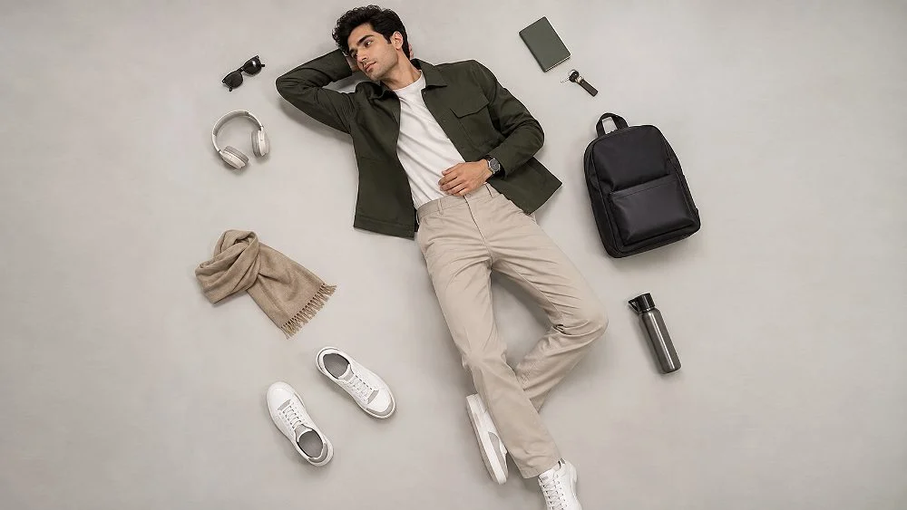 Top-down styled flat lay of a menswear look with olive jacket, beige trousers, white sneakers, backpack and accessories arranged on a grey studio floor