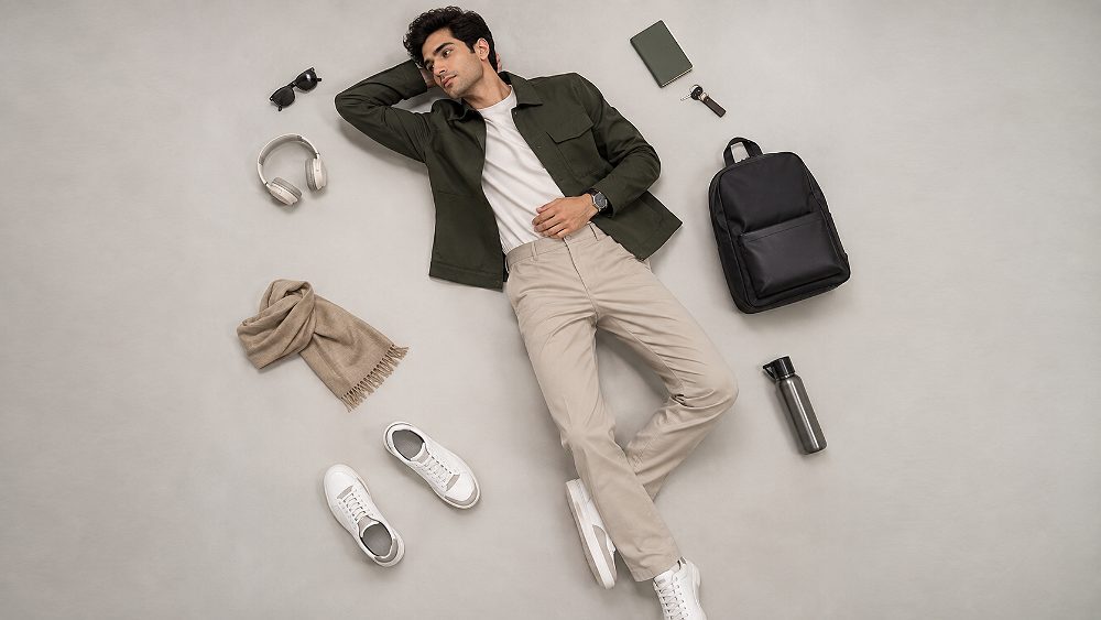 Behind the scenes of top-down flat lay apparel catalogue for Myntra product photography inside an Indian standard