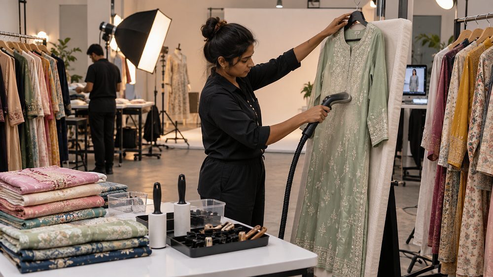 Behind the scenes of behind-the-scenes garment preparation area inside an Indian standard ecommerce photography studio