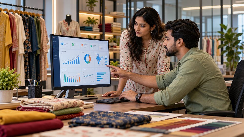 Behind the scenes of myntra Growth planning scene inside an Indian standard ecommerce photography studio showing a fashion