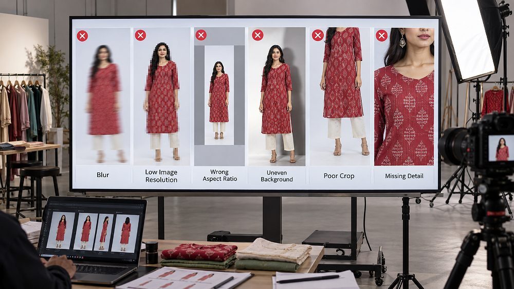Behind the scenes of myntra product image rejection comparison concept in an Indian standard ecommerce photography studio