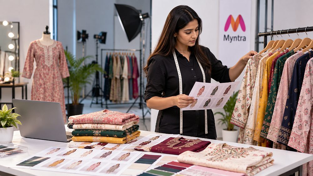 Behind the scenes of fashion stylist reviewing garment SKU sheet and colour-coded rack at Indian standard ecommerce
