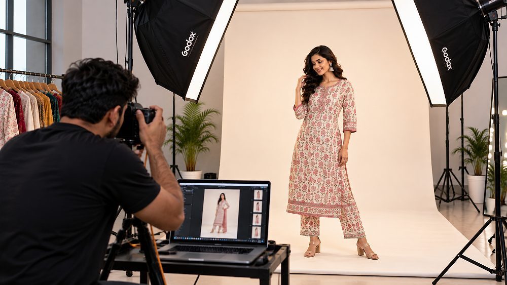 Behind the scenes of fashion model wearing kurta being photographed on ivory backdrop under softbox lighting at Indian