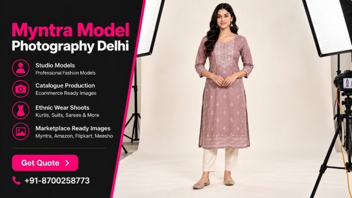 Full-length front and back catalogue view of a mid-tone kurti on a female fashion model captured inside an