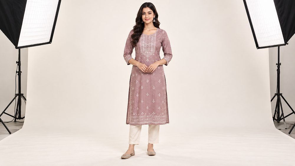 Behind the scenes of full-length front and back catalogue view of a mid-tone kurti on a female fashion model captured