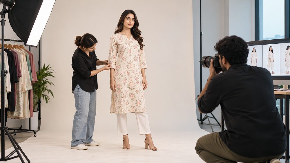 Behind the scenes of fashion model fit and sizing communication scene inside an Indian standard ecommerce photography