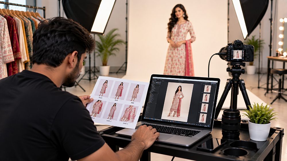 Behind the scenes of qC lead comparing tethered laptop preview with printed shot list at Indian standard ecommerce
