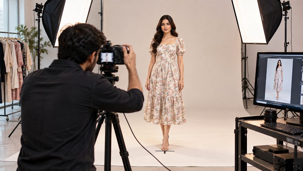 Behind the scenes of behind-the-scenes photorealistic fashion ecommerce studio scene demonstrating correct camera