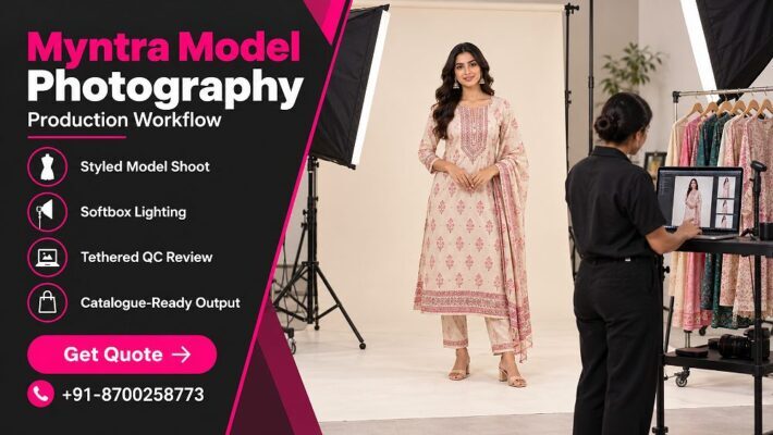 Myntra Model Photography production workflow inside Indian standard ecommerce photography studio showing