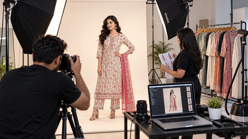 Behind the scenes of myntra Model Photography production workflow inside Indian standard ecommerce photography studio