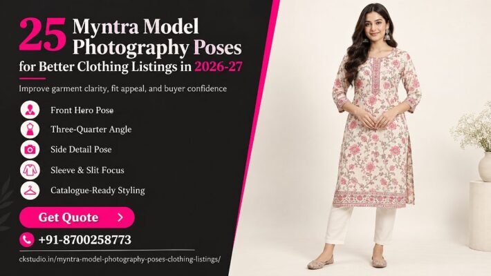 Female fashion model in a neutral front hero Myntra Model Photography pose wearing a printed kurti on ivory
