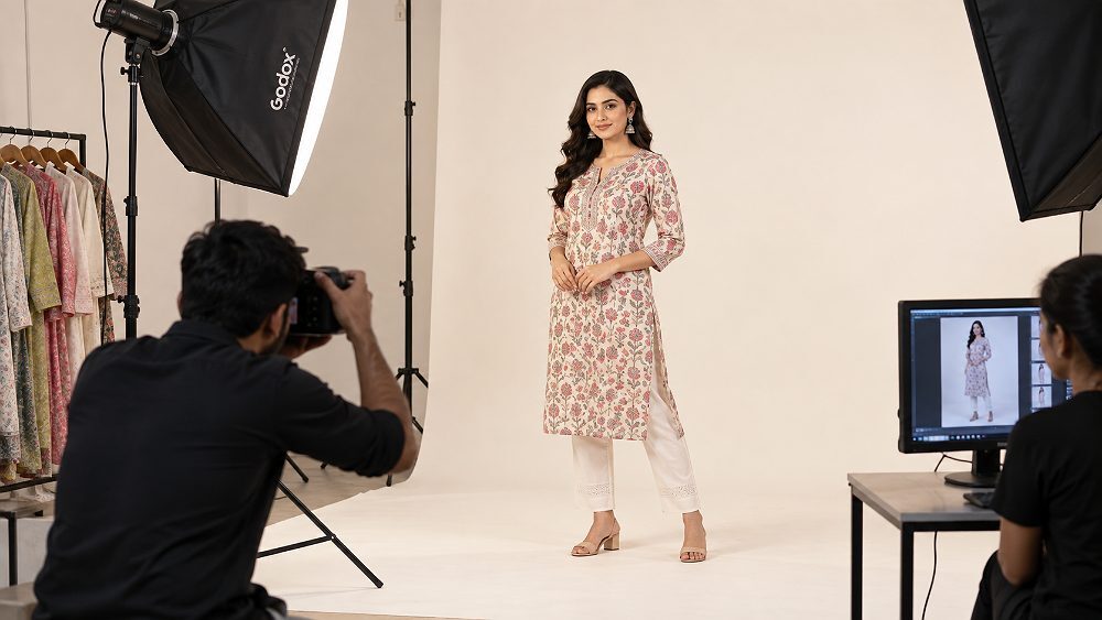 Behind the scenes of female fashion model in a neutral front hero Myntra Model Photography pose wearing a printed kurti
