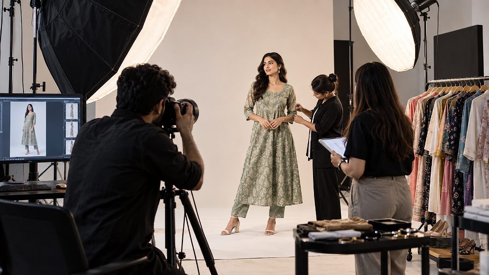 Behind the scenes of behind-the-scenes Myntra model photography production inside an Indian standard ecommerce photography