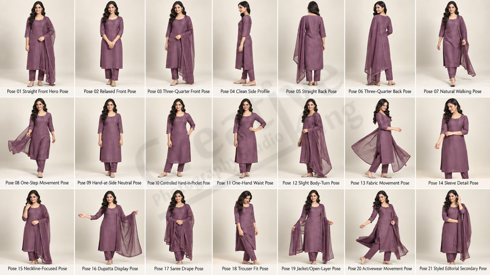 Behind the scenes of photorealistic ecommerce fashion catalogue contact-sheet showing the same Indian female model