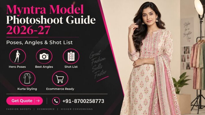 Female fashion model in kurta posing in front-hero stance under soft key light on a warm ivory cyclorama at