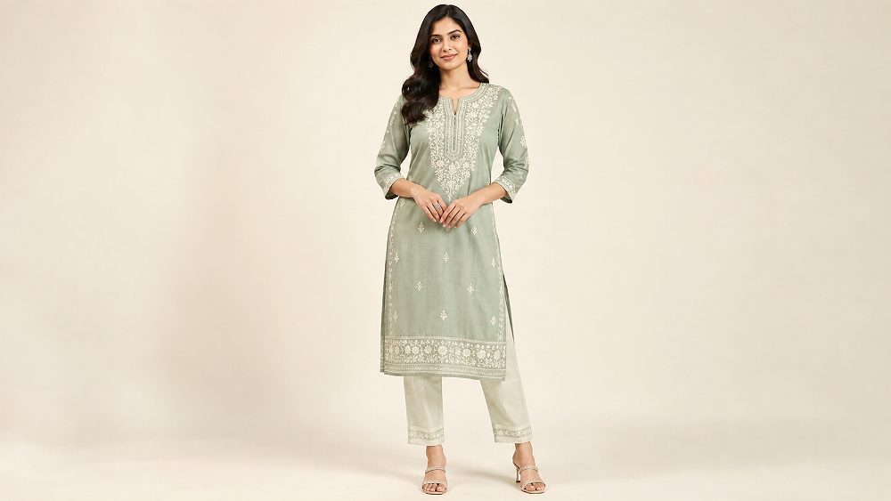 Behind the scenes of female fashion model in kurta posing in front-hero stance under soft key light on a warm ivory