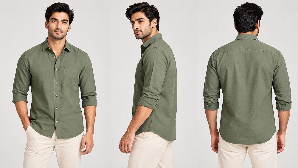 Behind the scenes of marketplace-ready apparel model photography example created in an Indian standard ecommerce