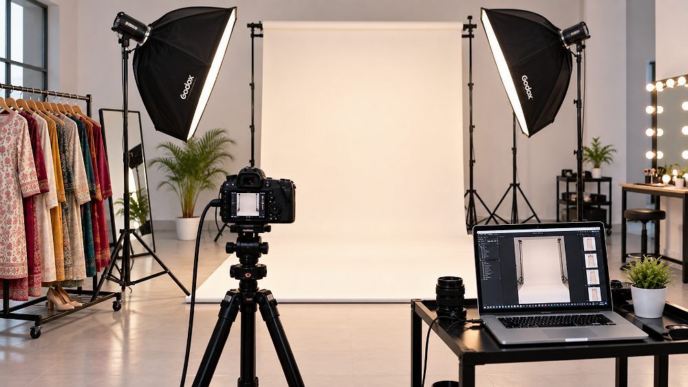 Behind the scenes of studio lighting setup with softboxes and neutral backdrop at Indian standard ecommerce photography