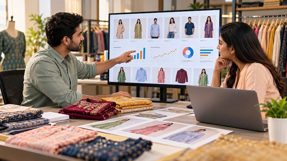Behind the scenes of monthly Myntra seller performance review in an Indian standard ecommerce photography studio showing