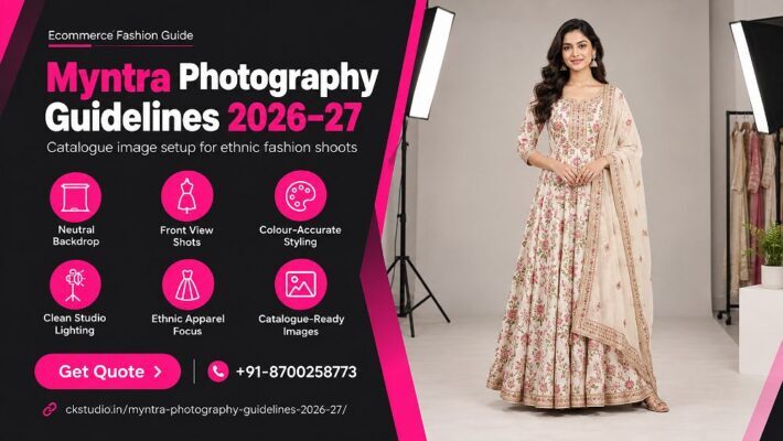 Myntra fashion catalogue photography setup at an Indian standard ecommerce photography studio showing ghost