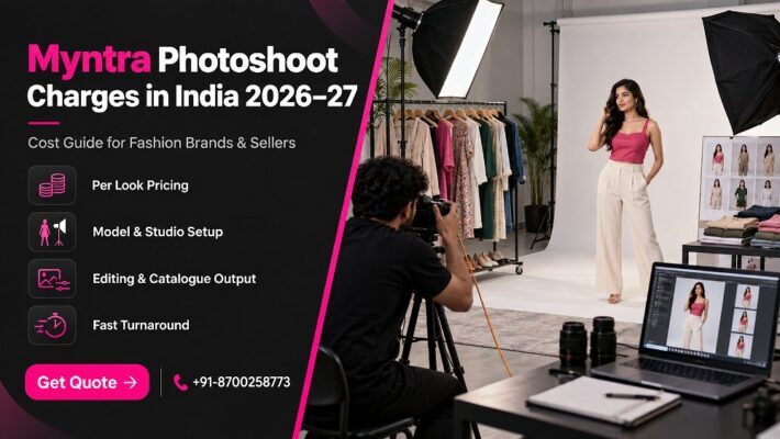 Myntra Photoshoot Charges planning scene inside an Indian standard ecommerce photography studio showing a