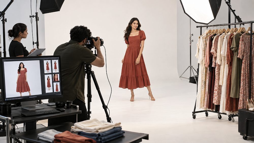 Behind the scenes of myntra Photoshoot Charges planning scene inside an Indian standard ecommerce photography studio